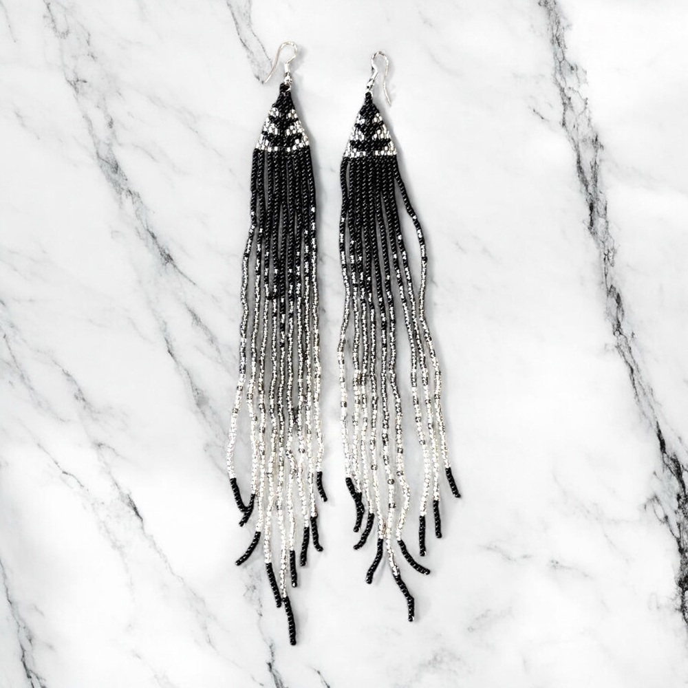 Boho Gothic Black and Silver Beaded Chandelier Earrings Cascading fringe